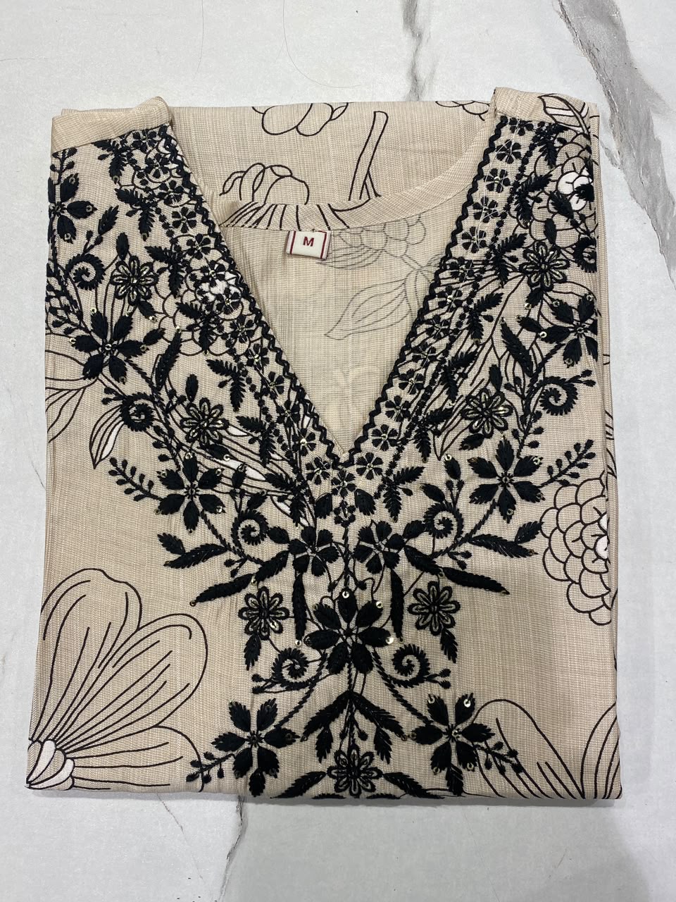 Women's Beige Floral Printed Straight Kurti with Black Embroidered V-Neck