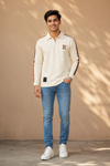 Men’s Off-White Half-Zip Polo T-Shirt with Contrast Sleeve Stripes