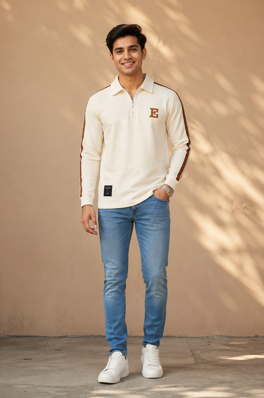 Men’s Off-White Half-Zip Polo T-Shirt with Contrast Sleeve Stripes