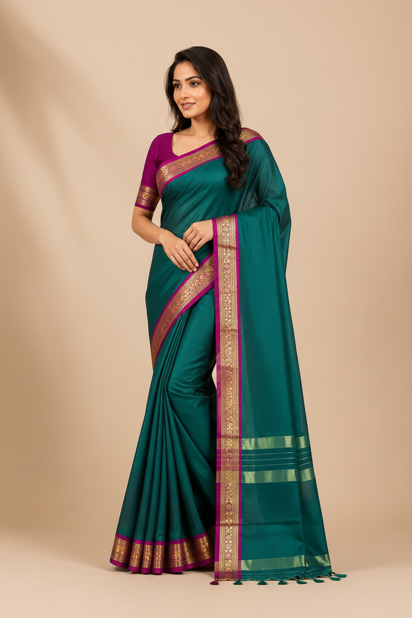 Elegant Silk Blend Saree  Pink & Teal Green Traditional Sarees