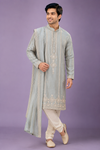 Men’s Ice Blue Embellished Kurta with Dupatta Set
