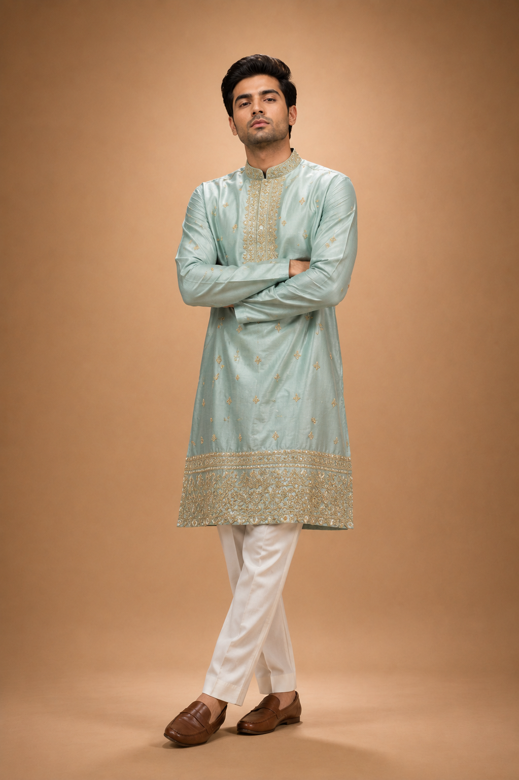 Mint Green Embroidered Silk Kurta Set for Men