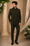 Men’s Olive Black Embellished Indo-Western Set with Stole