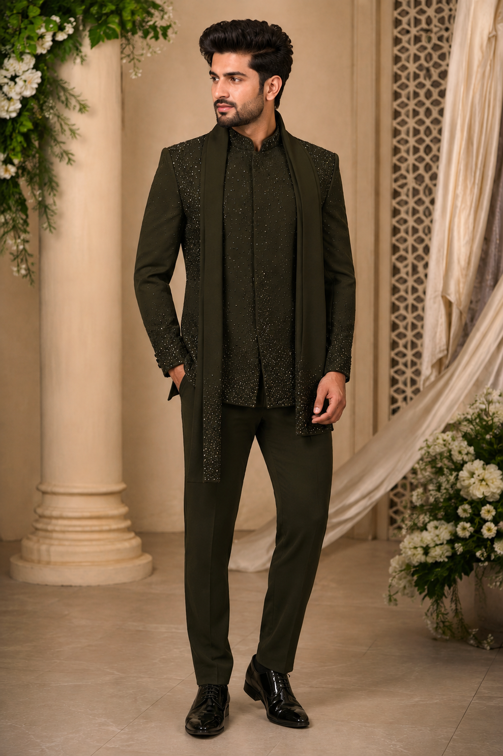 Men’s Olive Black Embellished Indo-Western Set with Stole
