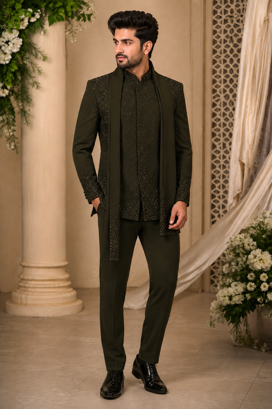 Men’s Olive Black Embellished Indo-Western Set with Stole