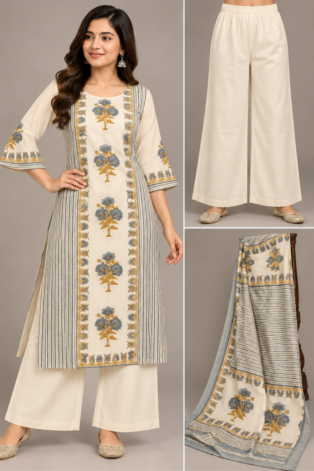 Elegant Ivory Floral Printed Kurta Palazzo Dupatta Set