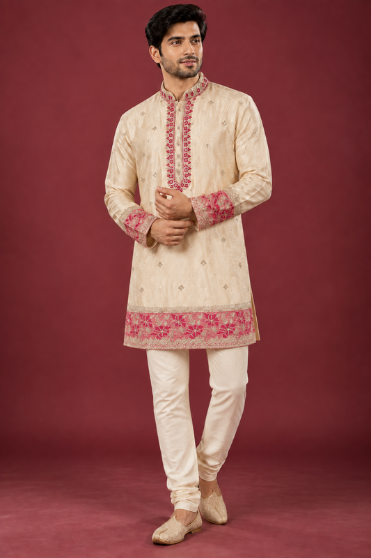 Cream & Pink Embroidered Festive Kurta Set