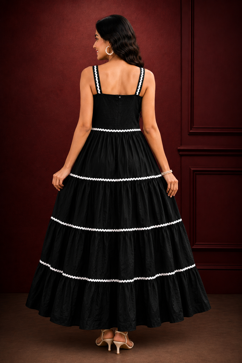 Elegant Black Tiered Maxi Dress with White Trim