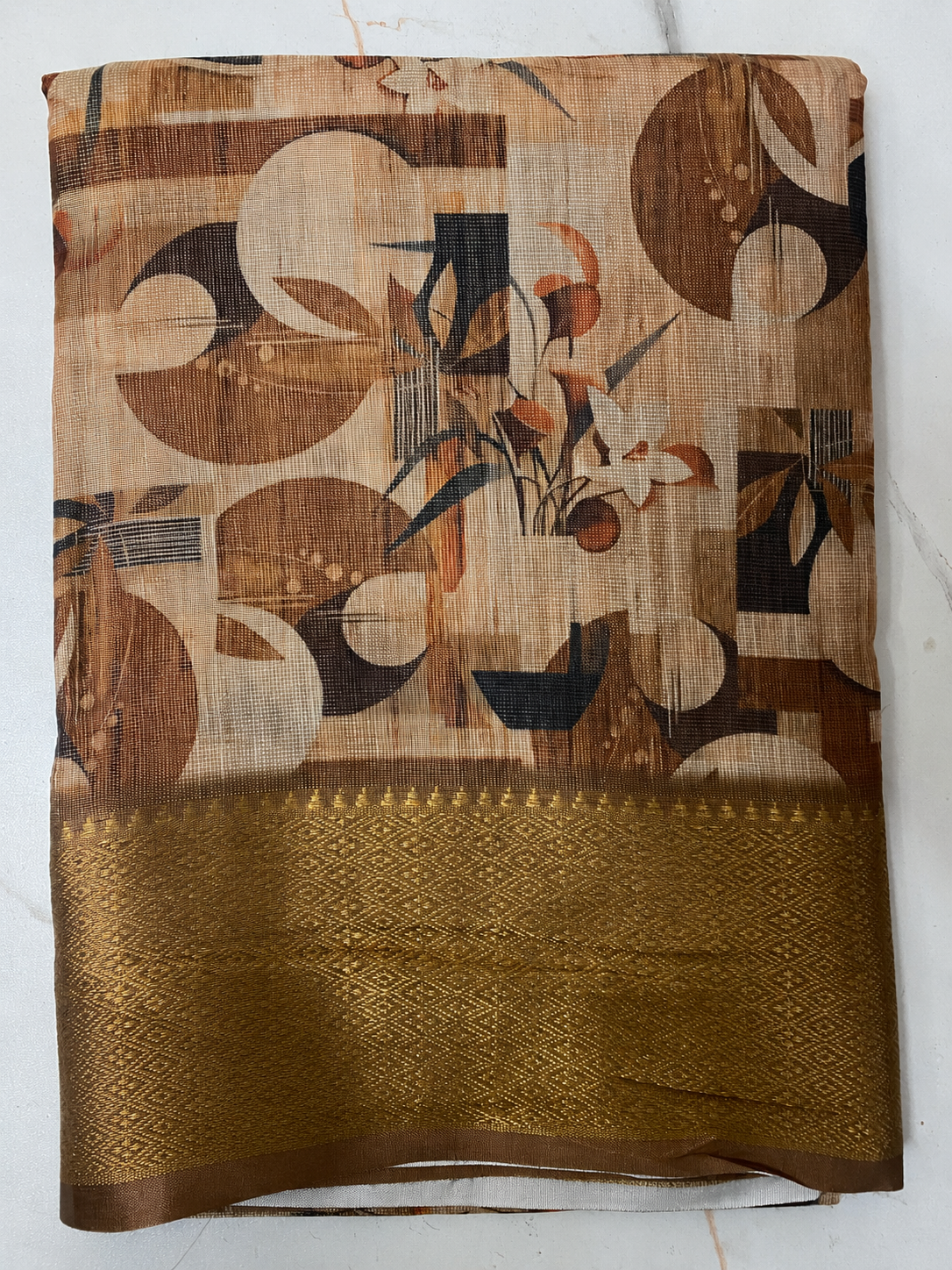 Elegant Brown &  Printed  Blend Saree with Rich Golden Zari Border