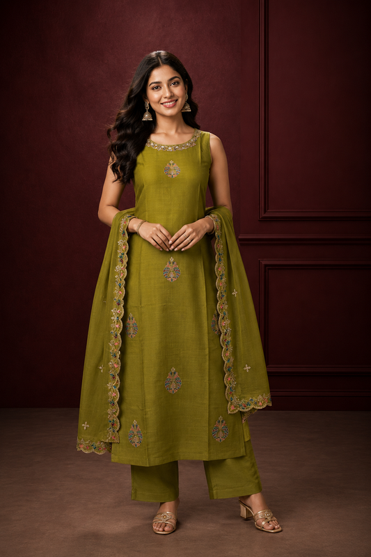 Women’s Olive Green Embroidered Kurti Pant Dupatta Set