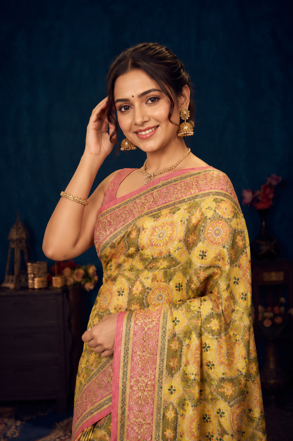 Mustard Yellow & Olive Printed Saree with Pink Woven Border