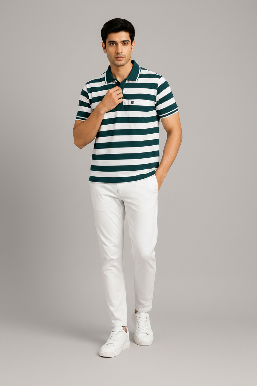 Men’s Green & White Striped Polo T-Shirt