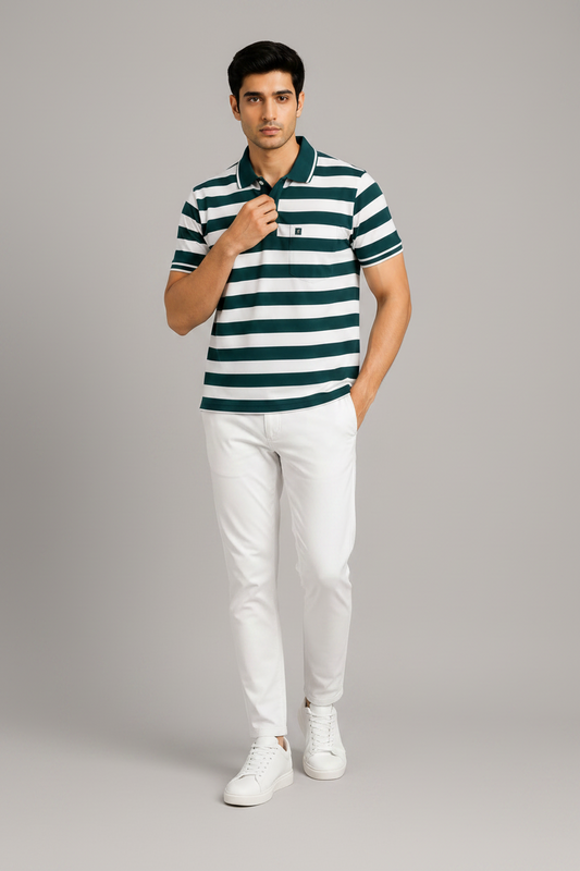 Men’s Green & White Striped Polo T-Shirt
