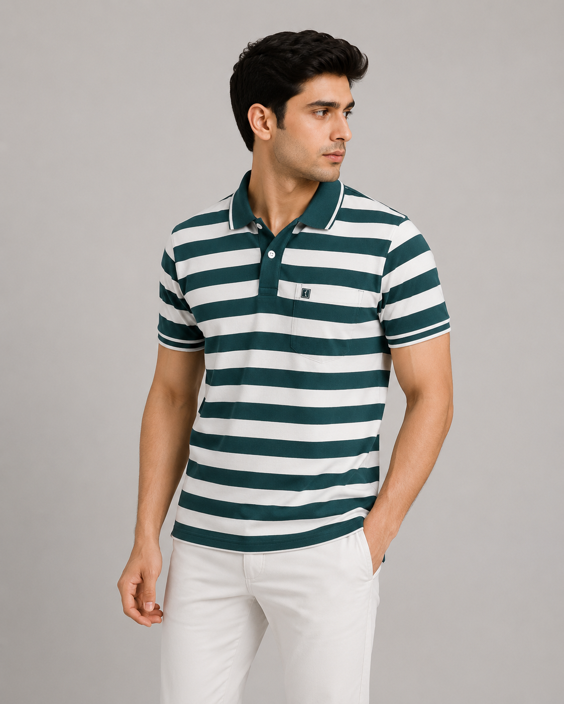 Men’s Green & White Striped Polo T-Shirt
