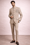 Men’s Premium Beige Embroidered Indo-Western Bandhgala Suit Set