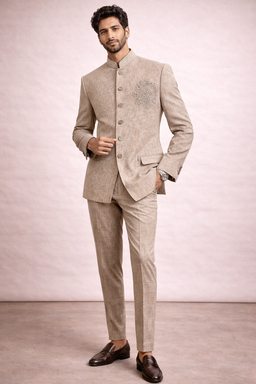 Men’s Premium Beige Embroidered Indo-Western Bandhgala Suit Set