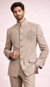 Men’s Premium Beige Embroidered Indo-Western Bandhgala Suit Set