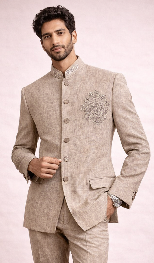 Men’s Premium Beige Embroidered Indo-Western Bandhgala Suit Set