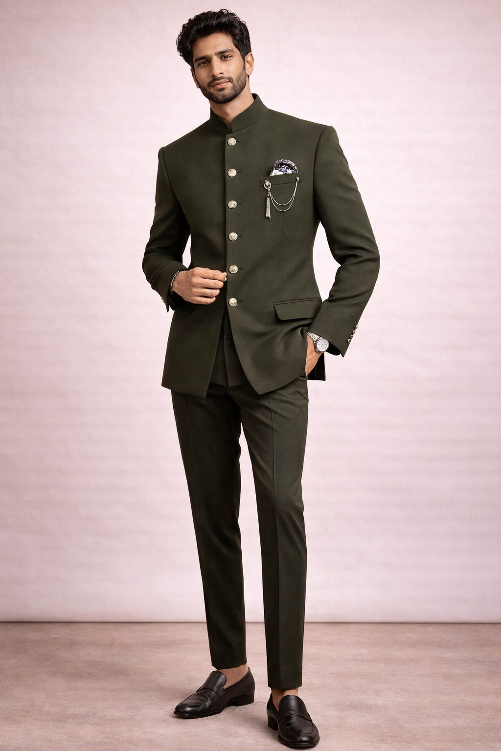 Men’s Olive Green Solid Designer Bandhgala Suit