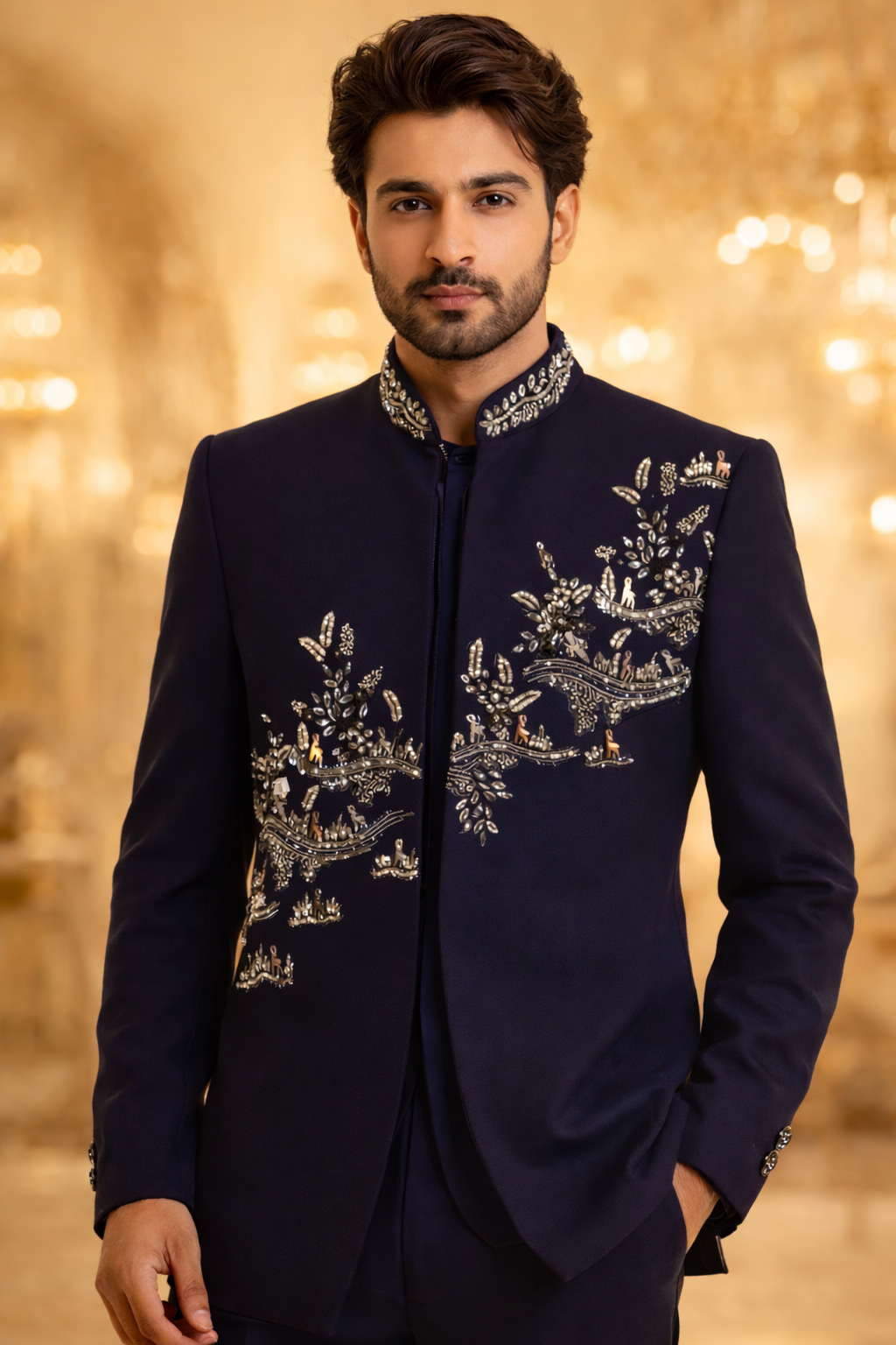 Men’s Premium Navy Blue Embroidered Indo-Western Bandhgala Jacket