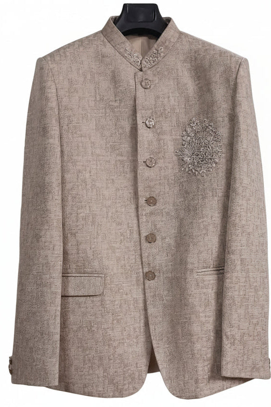 Men’s Premium Beige Embroidered Indo-Western Bandhgala Suit Set