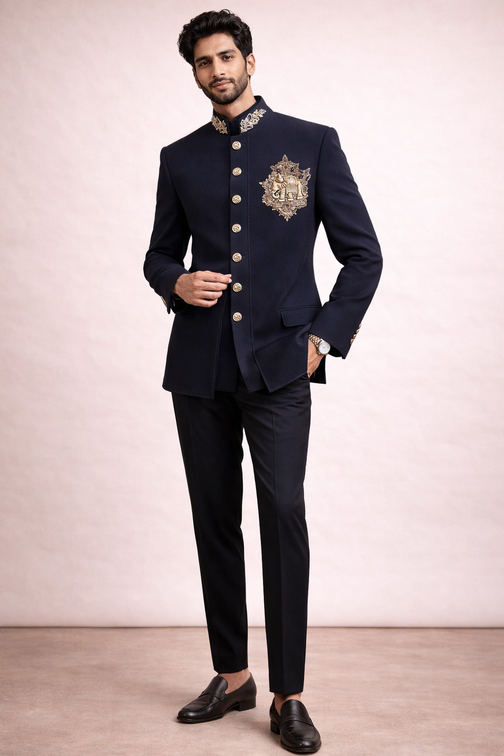 Men’s Premium Navy Blue Embroidered Indo-Western Bandhgala Suit Set