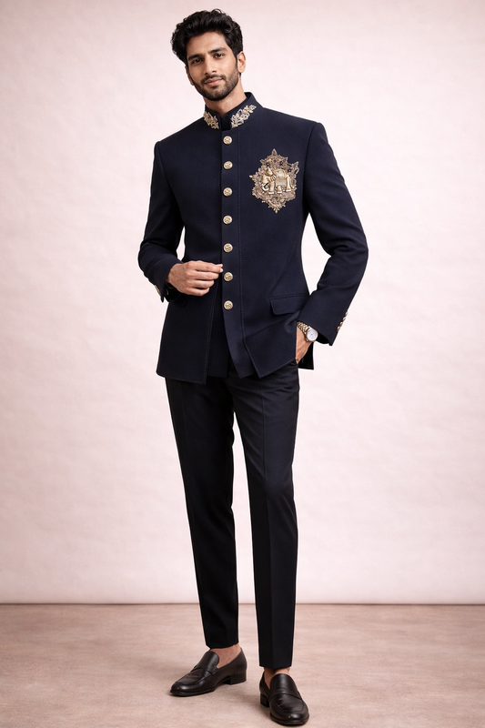 Men’s Premium Navy Blue Embroidered Indo-Western Bandhgala Suit Set