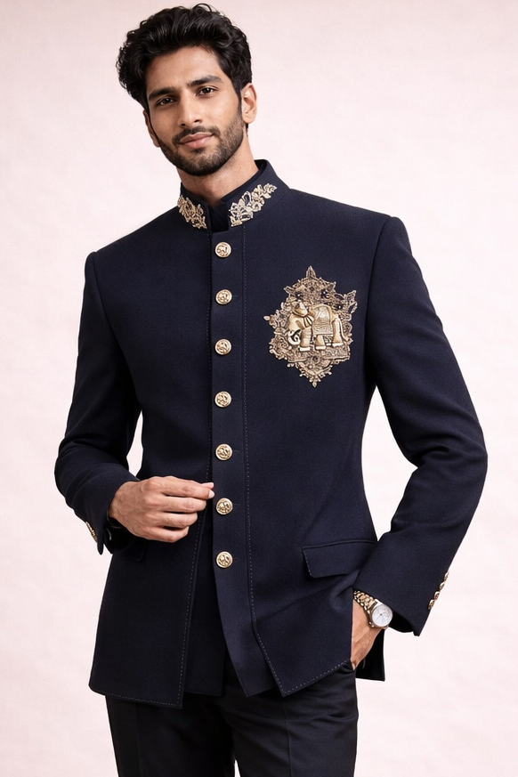 Men’s Premium Navy Blue Embroidered Indo-Western Bandhgala Suit Set