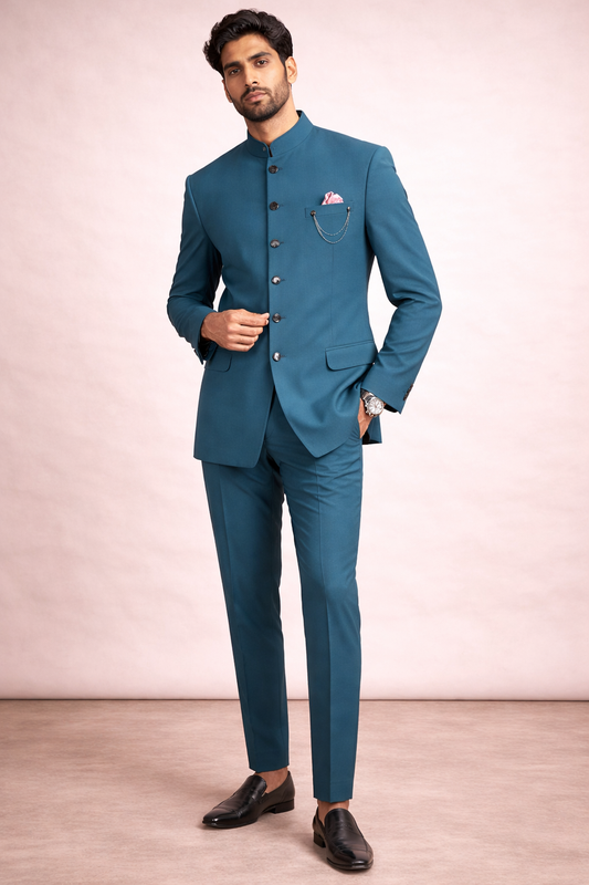 Men’s Teal Blue Designer Bandhgala Suit Wedding & Party Wear