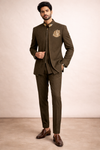 Men’s Premium Olive Green Embroidered Indo-Western Bandhgala Suit Set