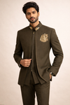 Men’s Premium Olive Green Embroidered Indo-Western Bandhgala Suit Set
