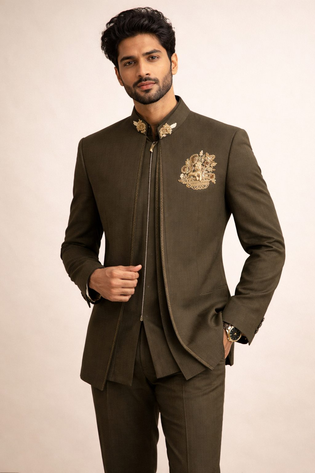 Men’s Premium Olive Green Embroidered Indo-Western Bandhgala Suit Set