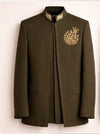 Men’s Premium Olive Green Embroidered Indo-Western Bandhgala Suit Set