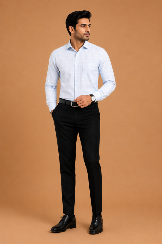 Men’s Sky Blue Checked Rich Cotton Formal Shirt