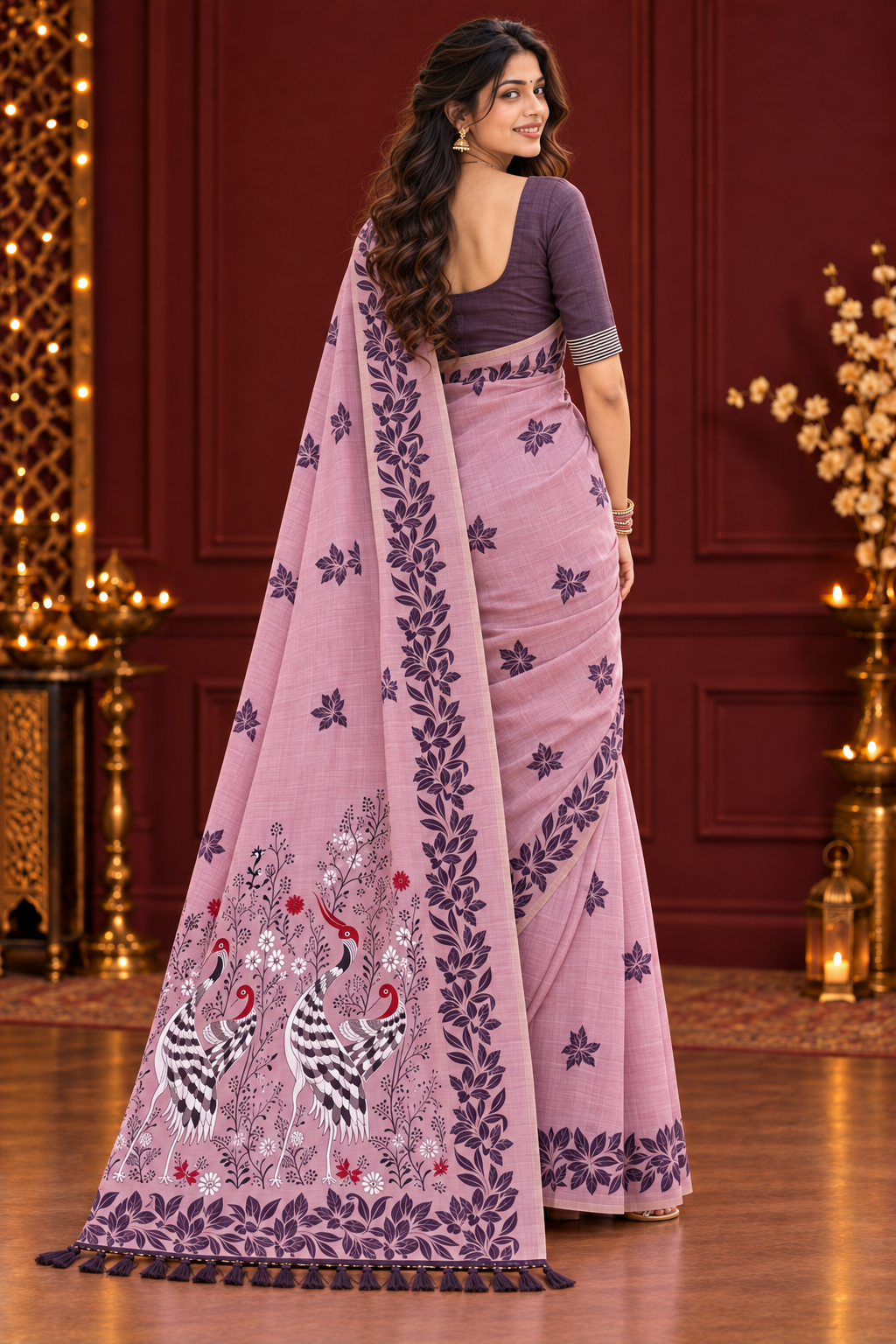 Title: Elegant Mauve Saree with Bird & Floral Pallu