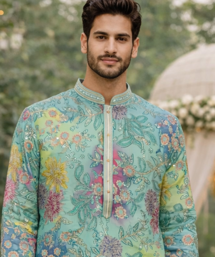 Men’s Aqua Green Floral Printed Kurta Set