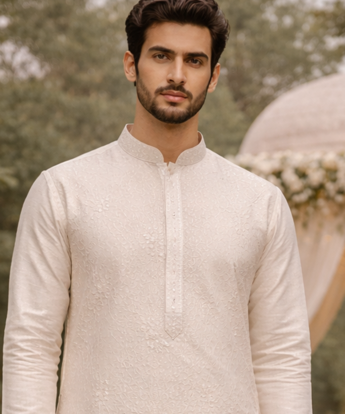 Men’s Off-White Embroidered Kurta Set with Ethnic Polo Pant
