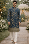 Men’s Navy Blue Floral Printed Ethnic Kurta Set
