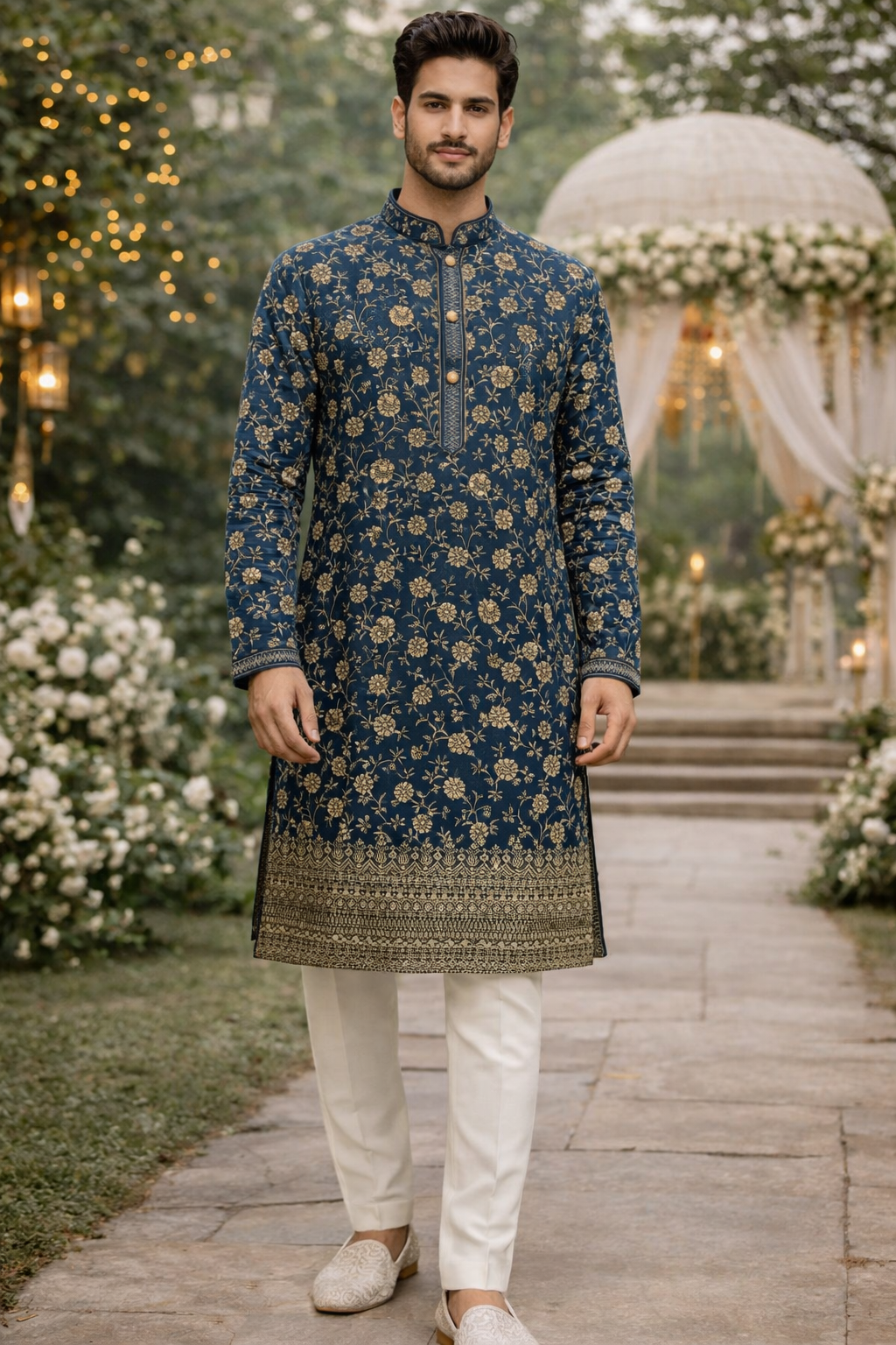 Men’s Navy Blue Floral Printed Ethnic Kurta Set