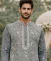Men’s Grey Embroidered Kurta Set with Ethnic Polo Pant