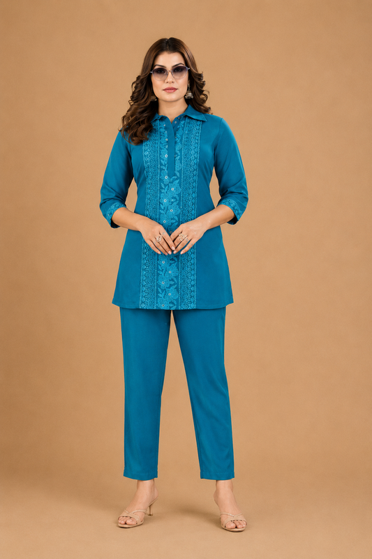 Women’s Olive Green Embroidered Roman Co-Ord Set