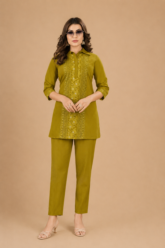 Women’s Olive Green Embroidered Roman Co-Ord Set
