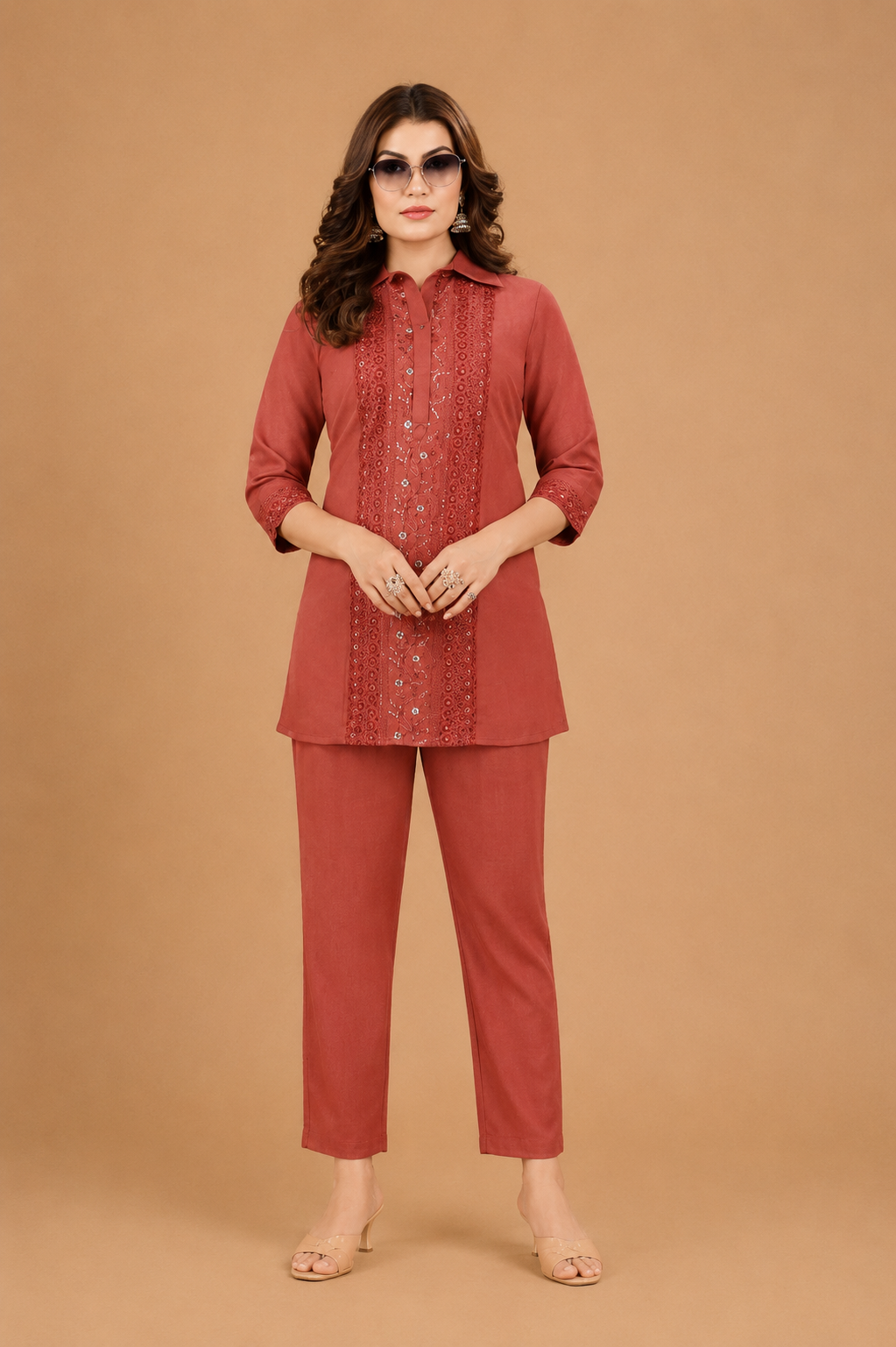 Women’s Olive Green Embroidered Roman Co-Ord Set