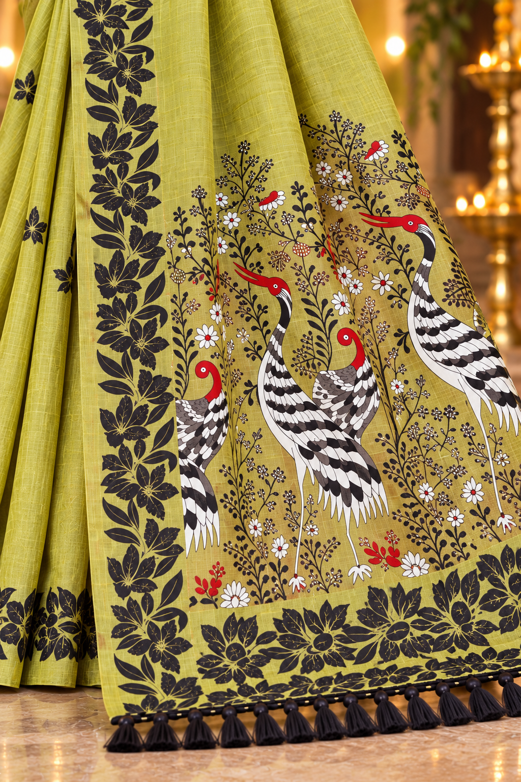 Title: Chartreuse Green Saree with Artistic Bird Pallu