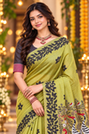 Title: Chartreuse Green Saree with Artistic Bird Pallu