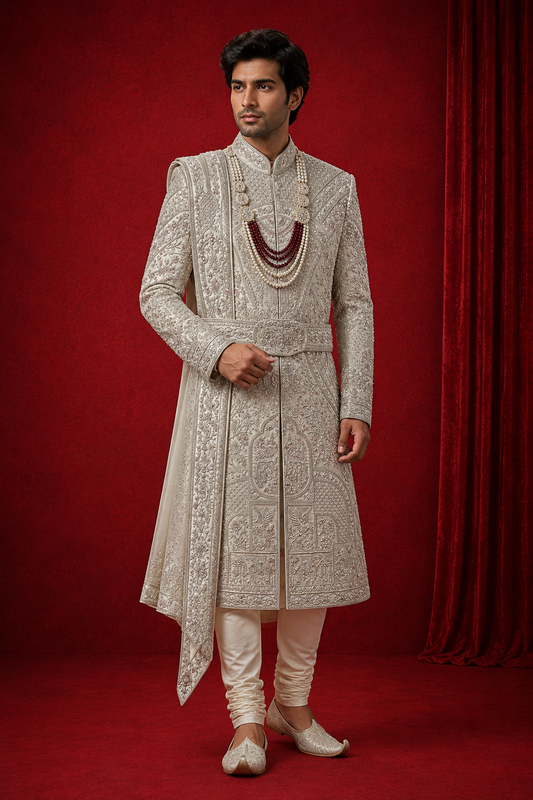 Royal Ivory Embroidered Groom Sherwani Set