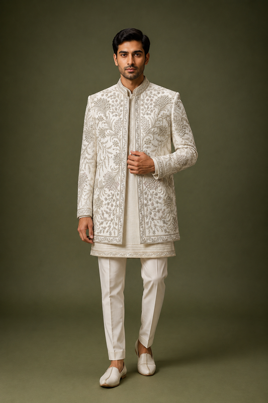 Ivory Silver Embroidered Groom Sherwani Set