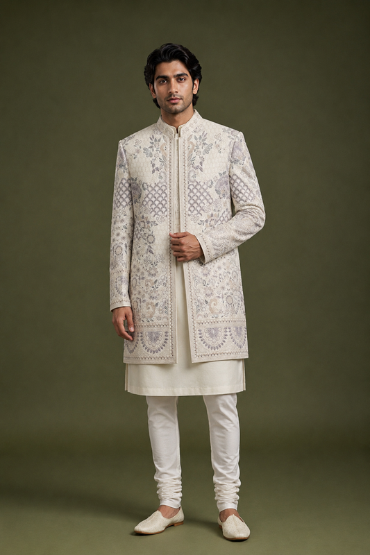Ivory Floral Embroidered Wedding Sherwani