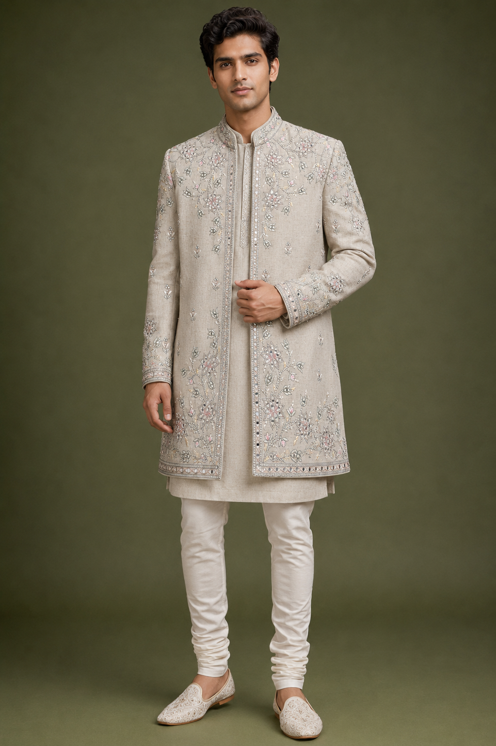 Beige Floral Embroidered Sherwani Set