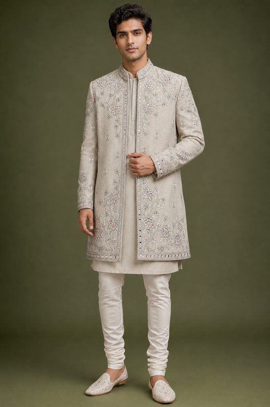 Beige Floral Embroidered Sherwani Set